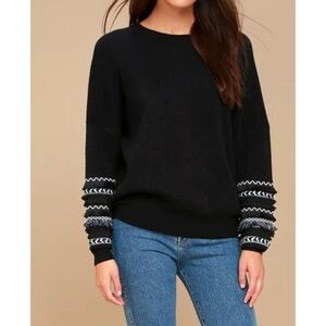 Lulu's Black Embroidered Fringe Sleeve Ribbed Knit Crew Pullover Sweater Medium